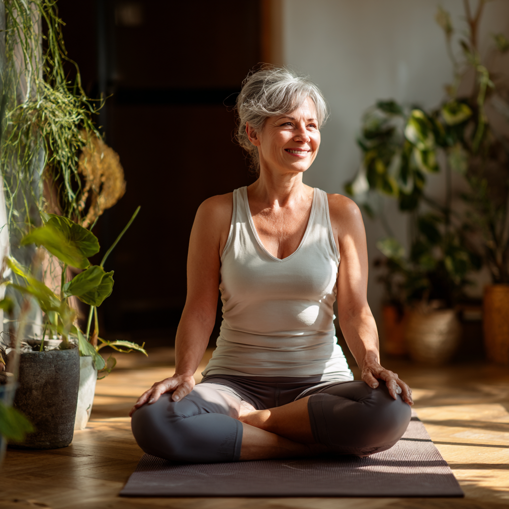 Peaceful middle-aged Ukrainian woman in comfortable yoga pose, smiling gently with relaxed shoulders
